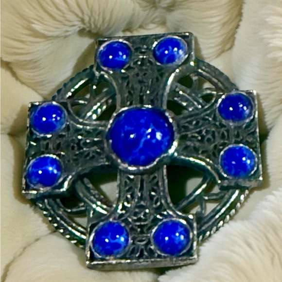 Vintage Silver Tone Celtic Cross 1.25" Irish Pin Pendant Combo Glass Cabochons - Picture 5 of 8